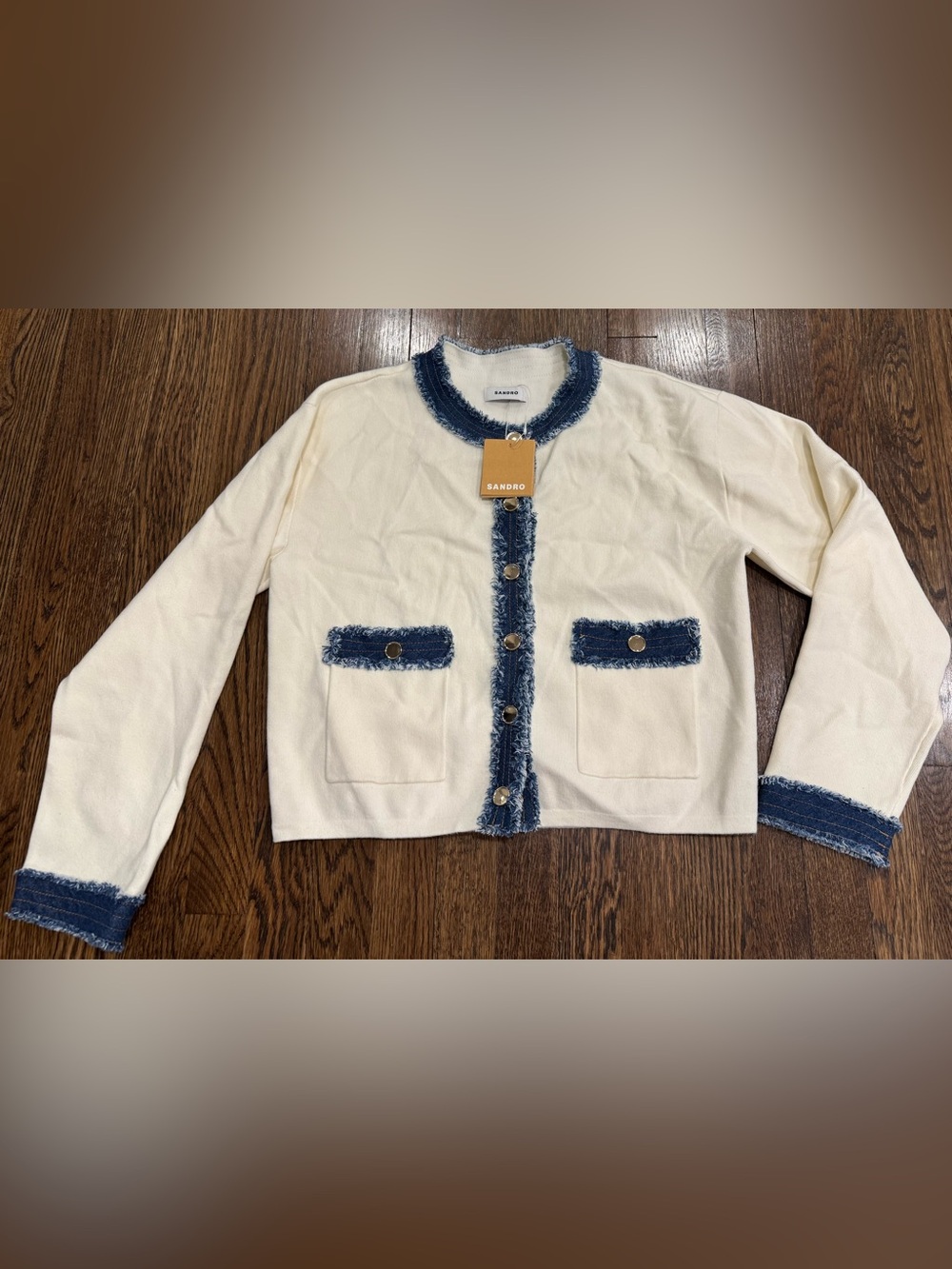Sandro Paris Lenormandie Denim-Trim Cardigan Size 2 Medium NEW Sold Out